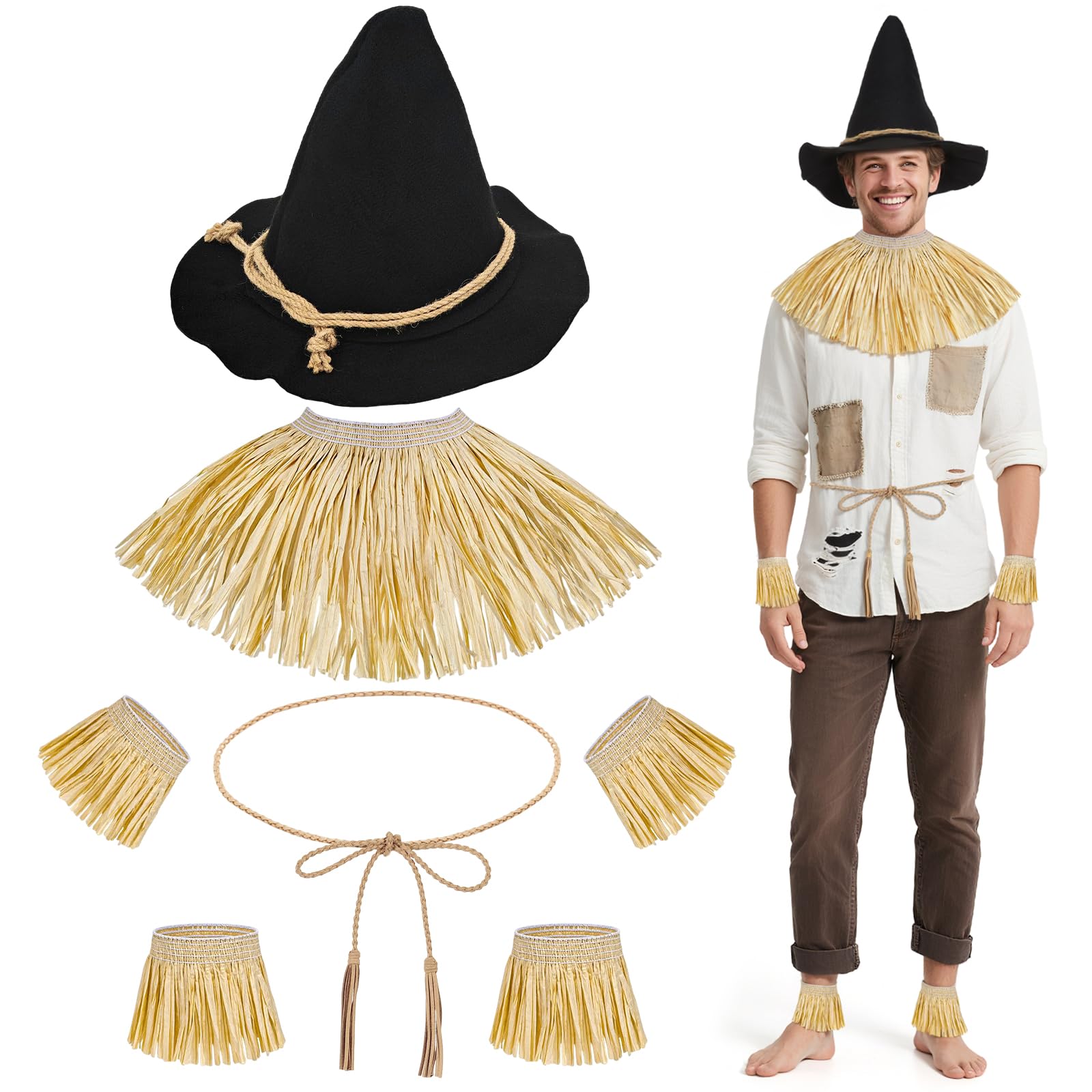 Jokureao 7PCS Scarecrow Costume Accessories Set for Adults, Scarecrow Hat, Neck, Arms, Ankles and Belt for Halloween, Scarecrows Costume Set for Role-Playing, Harvest Festival Decoration