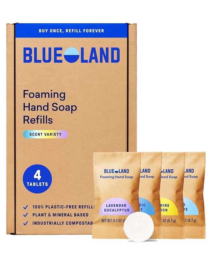 BLUELAND Foaming Hand Soap Refill Tablets, 4-Pack, Variety Pack Scents, Eco Friendly Cleaning Products, 4 x 9 Fl oz