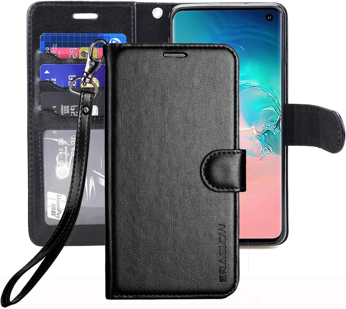 ERAGLOW Galaxy S10 Wallet Case, Galaxy S10 Case, Premium PU Leather Wallet Flip Protective Phone Case Cover w/Card Slots & Kickstand for Samsung Galaxy S10 6.1"(Black)