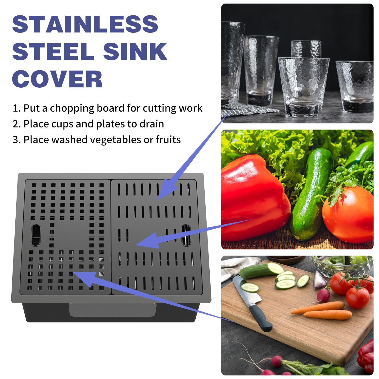 Fregadero de Cocina Negro con Doble Tapa, 61 x 46 cm, Acero Inoxidable, de un Solo Seno, para instalación bajo encimera. Incluye repisa integrada y estación de Trabajo empotrada qu