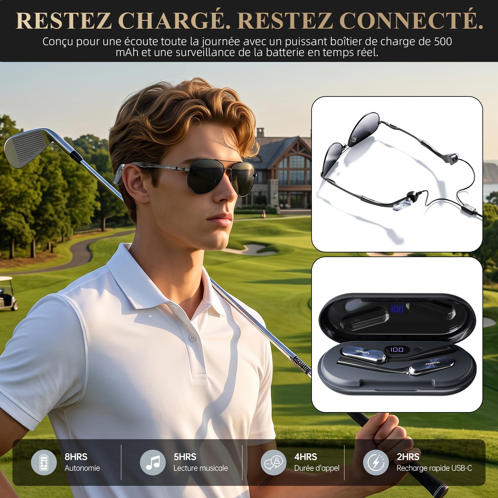 Headwolf AI Audio Glasses, Lightweight Smart Glasses with Bluetooth Audio, AI Translation, Voice Assistant, Titanium Memory Frame, Detachable Design, Charging Case for Travel & Outdoors