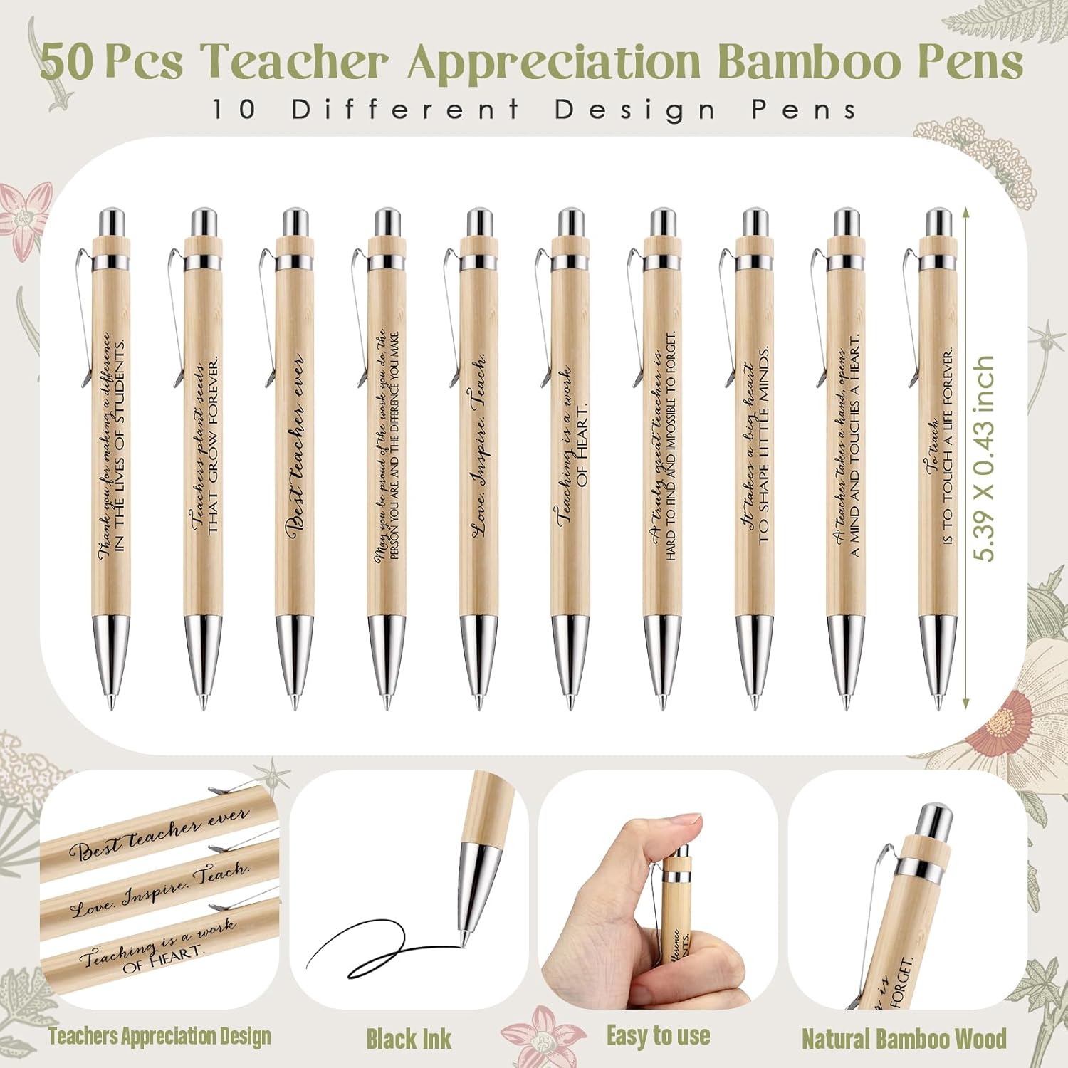 50 Sets Teacher Appreciation Gifts Thank You Teacher Gifts Bulk Bamboo Pens Inspirational Mini Compact Mirrors and Thank You Cards for National Teachers Day Women Office Team