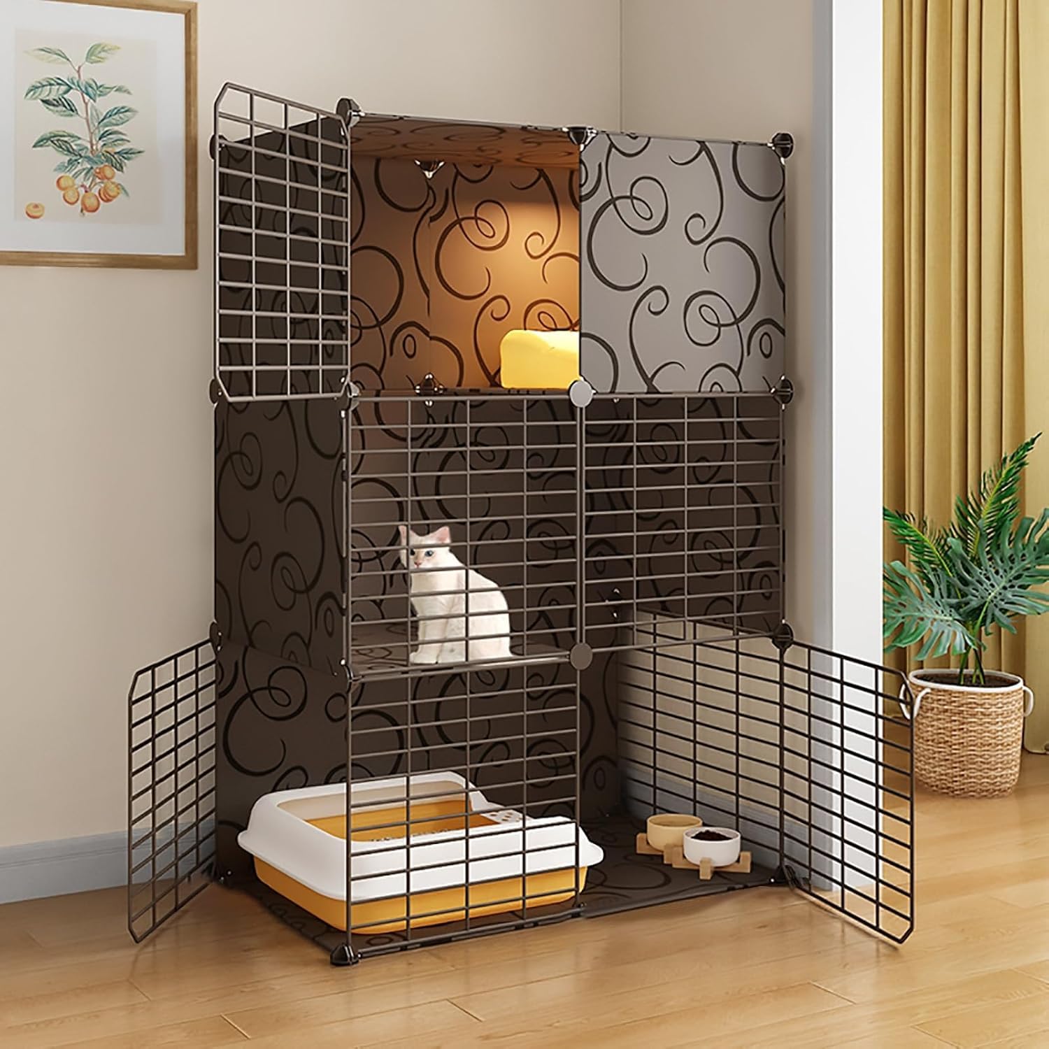 Parc pour chat d'intérieur amovible et modulable en métal noir
