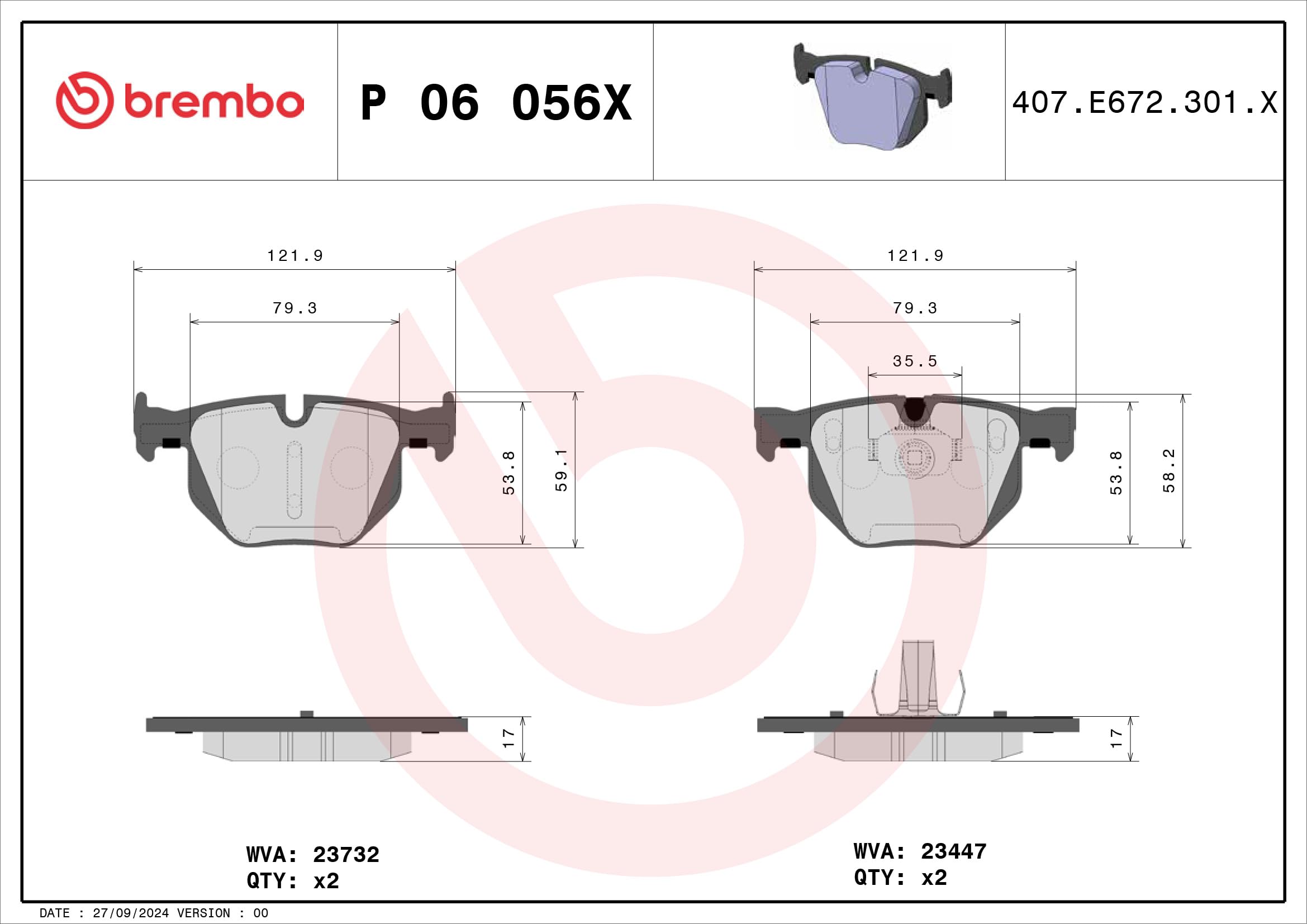 Zestaw Klocków Hamulcowych BREMBO P 06 056X tył do BMW X5 (E70) X5 (F15, F85) X6 (E71, E72) X6 (F16, F86)