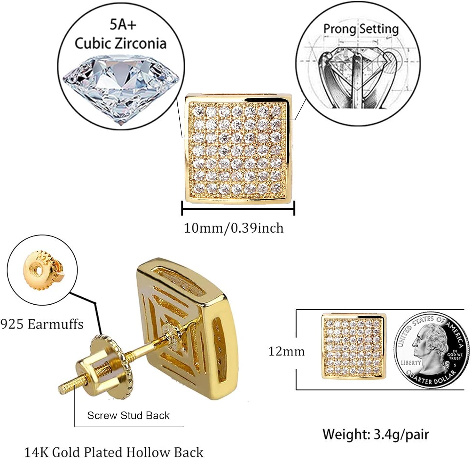 TOPGRILLZ 925 Sterling Silver Square Screw Stud Earrings 14K Gold Plated 5A+ Cubic Zirconia Iced Out Square Screw Back Hypoallergenic Cube Large Stud Earrings For Men Women