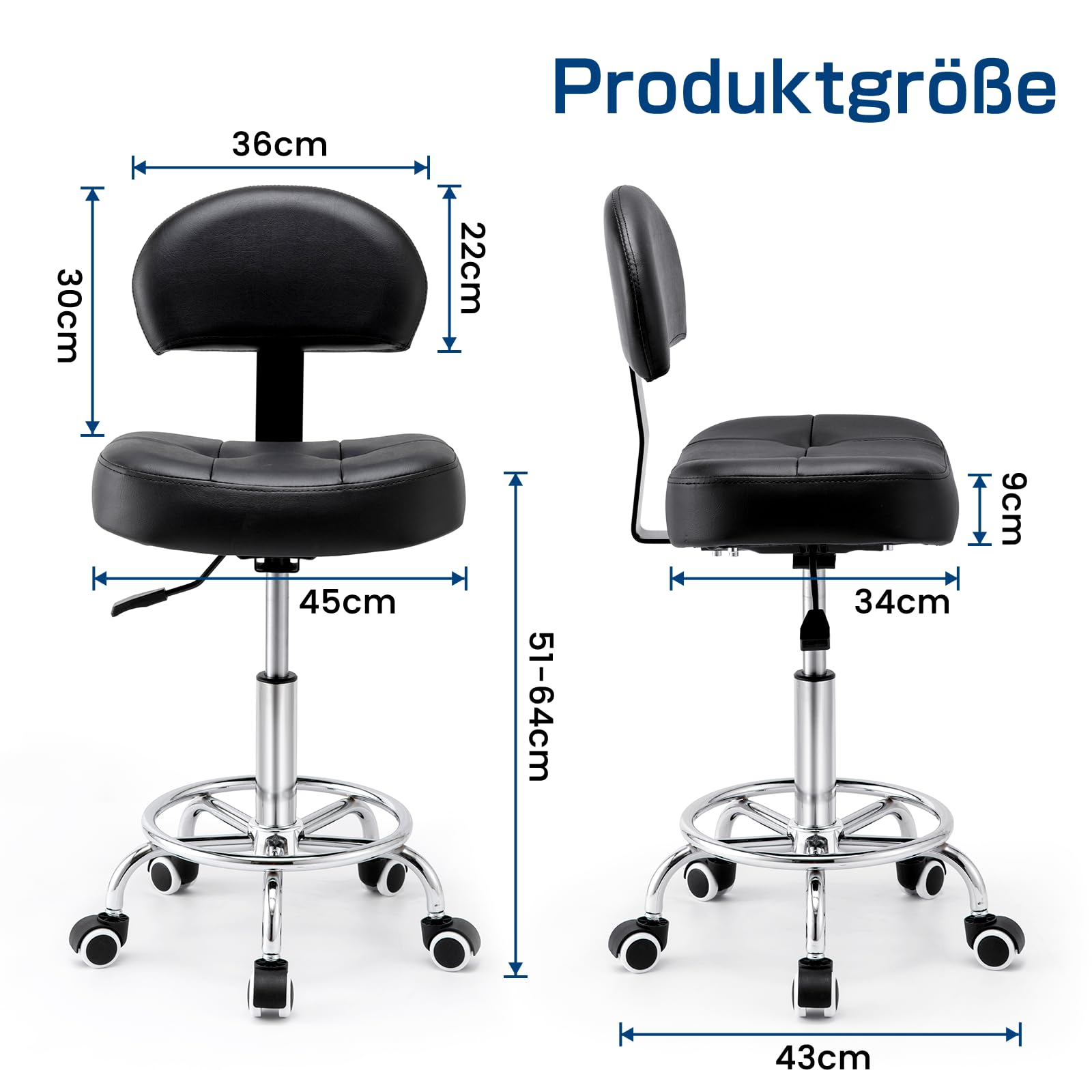Rollhocker mit Lehne - Hocker mit Rollen und breitem, rechteckigem Sitzkissen | Rollhocker höhenverstellbar 51-64cm | Drehhocker mit Rollen mit gleichmäßigem Lauf | Ideal für Salon, Kosmetik (Tinte)