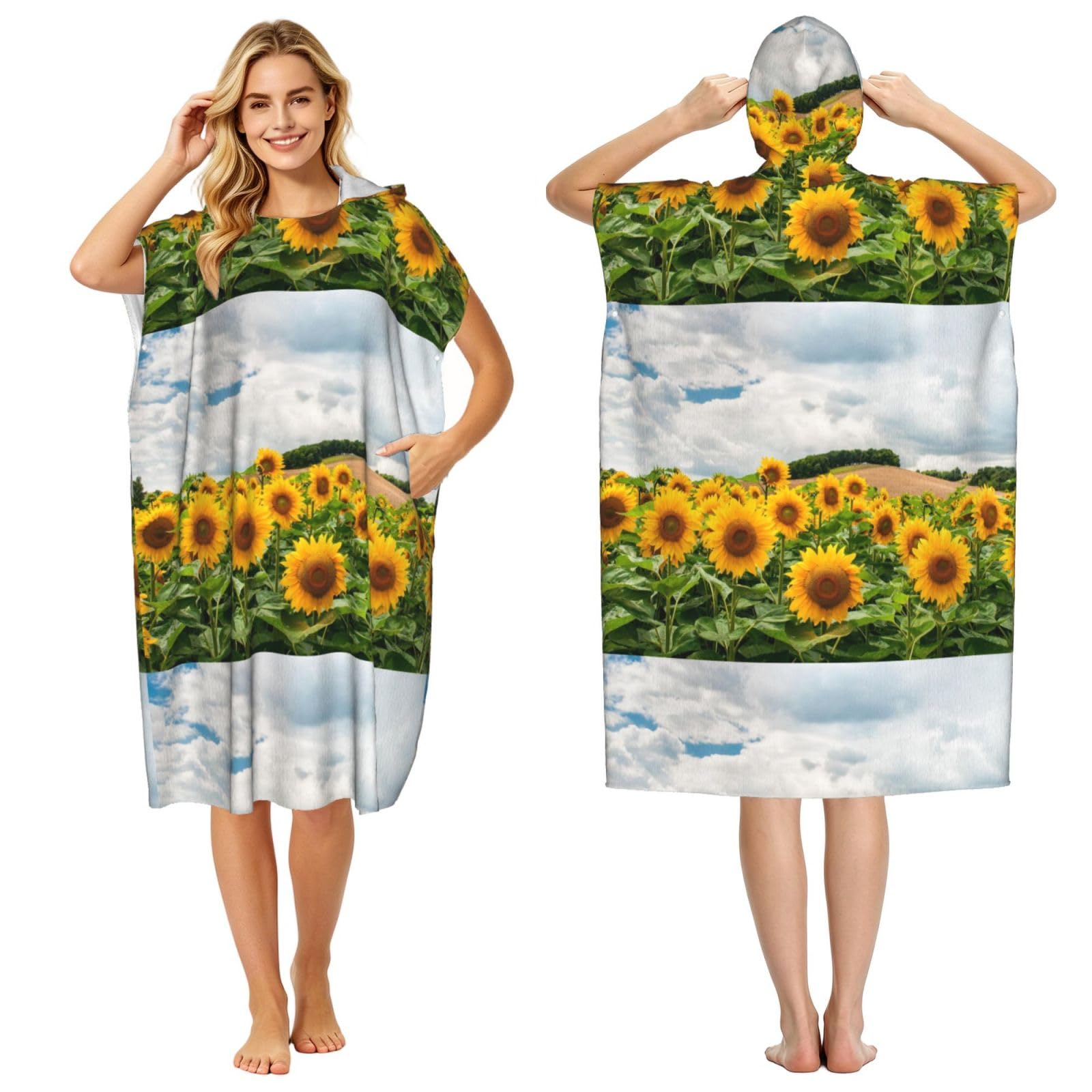 Sunflower Field, Adult Hooded Beach Towel 90 x 110 cm,Changing Bath Robe, Surf Poncho Towel For Women Men