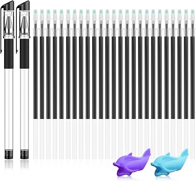 Magic grooved kids book disappearing ink pen, 2 transparent pen barrels, 25 replacement refills, 2 silicone grips, Suitable for grooved writing books for kids 3-5, Childrens magic copybooks.
