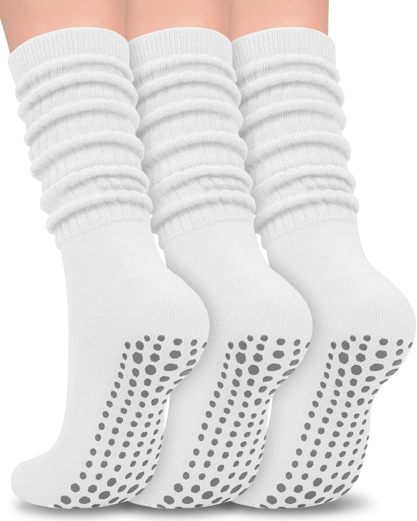 Aoliks Pilates Grip Socks for Women, Slouch Non Slip White Yoga Socks for Barre Reformer Class, Scrunch Grippy Socks for Indoor Home Exercise