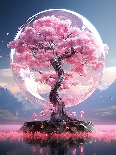 LOMSIOY Kit de pintura de diamantes de imitación de árbol para adultos, pintura con arte de diamantes, flor de cerezo, taladro completo redondo,