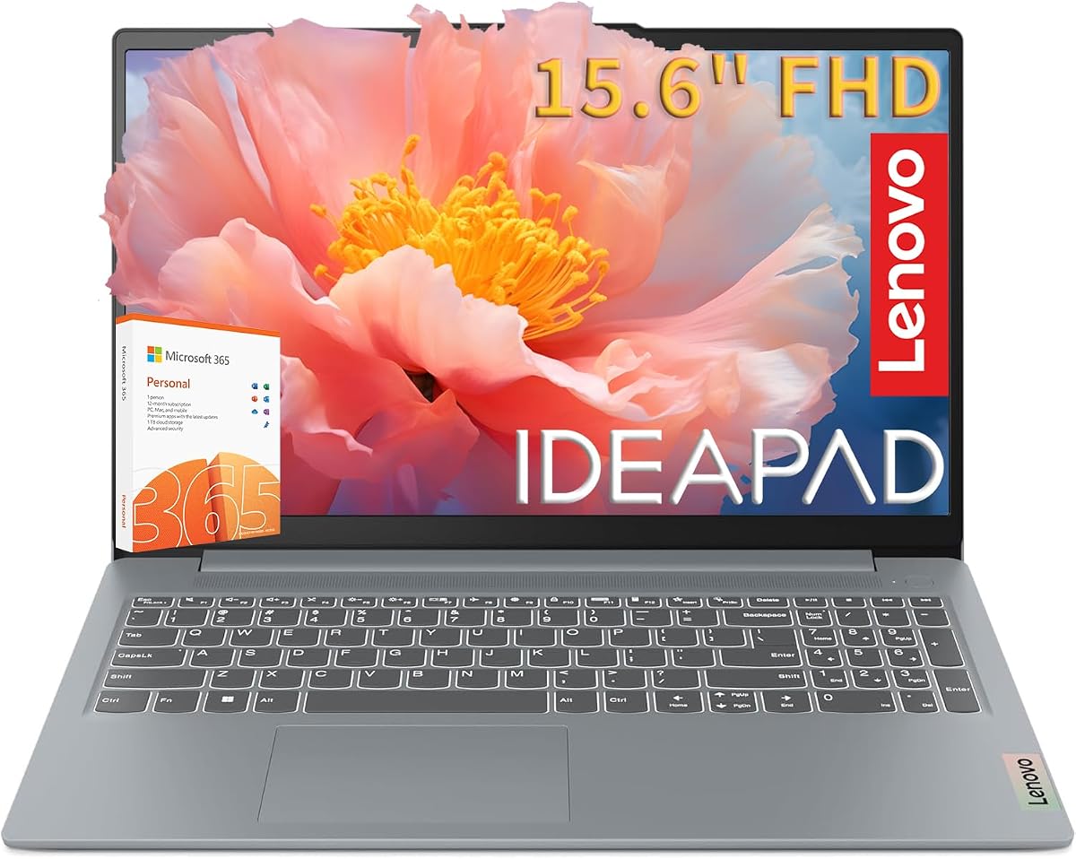15.6" FHD Laptop, 2026 Edition, 8GB DDR5 RAM, 128 SSD, with 500GB HD | IdeaPad Slim 3i, Intel Quad-Core N150, WiFi 6, Bluetooth 5.2, USB-C, Fast Charging, Windows 11 Home with Microsoft Office 365