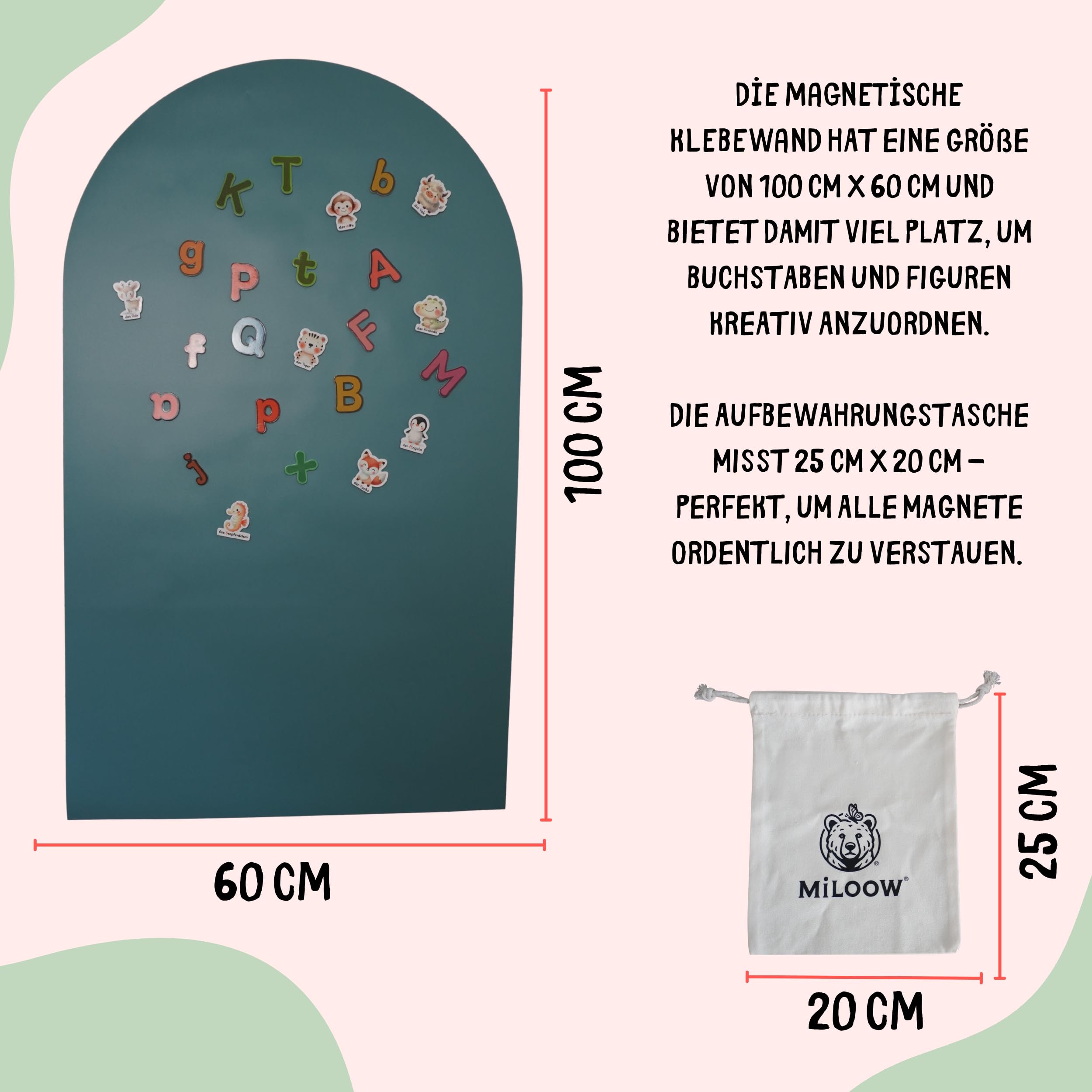 Magnettafel Kinder 100x60 – Deutsch beschriftete Tiermagnete, selbstklebende Magnetwand Kinder & Magnetfolie mit Buchstabenmagneten, Montessori Lernspielzeug für Kinderzimmer mit Stiften