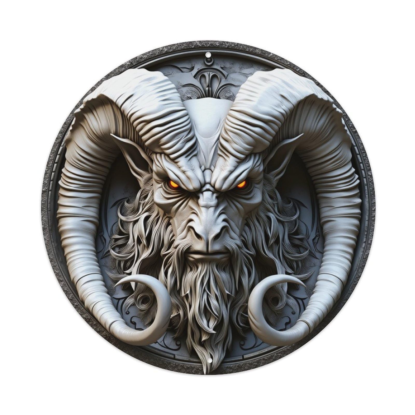Demon Ram Horns Bearded Face Round Tin Sign Retro Metal Sign for Cafe Bar Pub Home Game Room Gym Club Wall Decoration Vintage Metal Poster 8x8 Inch