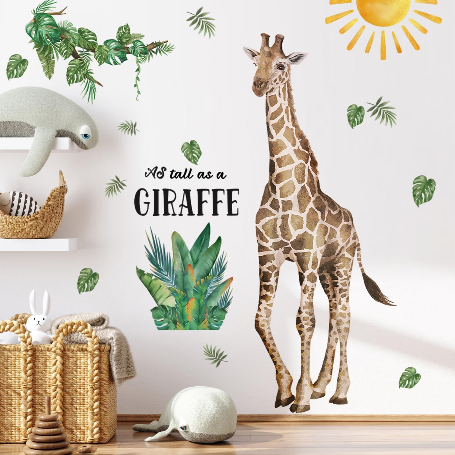 Lifelike Giraffe Wall Decals for Kids Room Large Jungle Animal Giraffe Wall Stickers with Tropical Palm Leaves Wall Art Nursery Boys Girls Room Playroom Bedroom Wall Decor BM9256