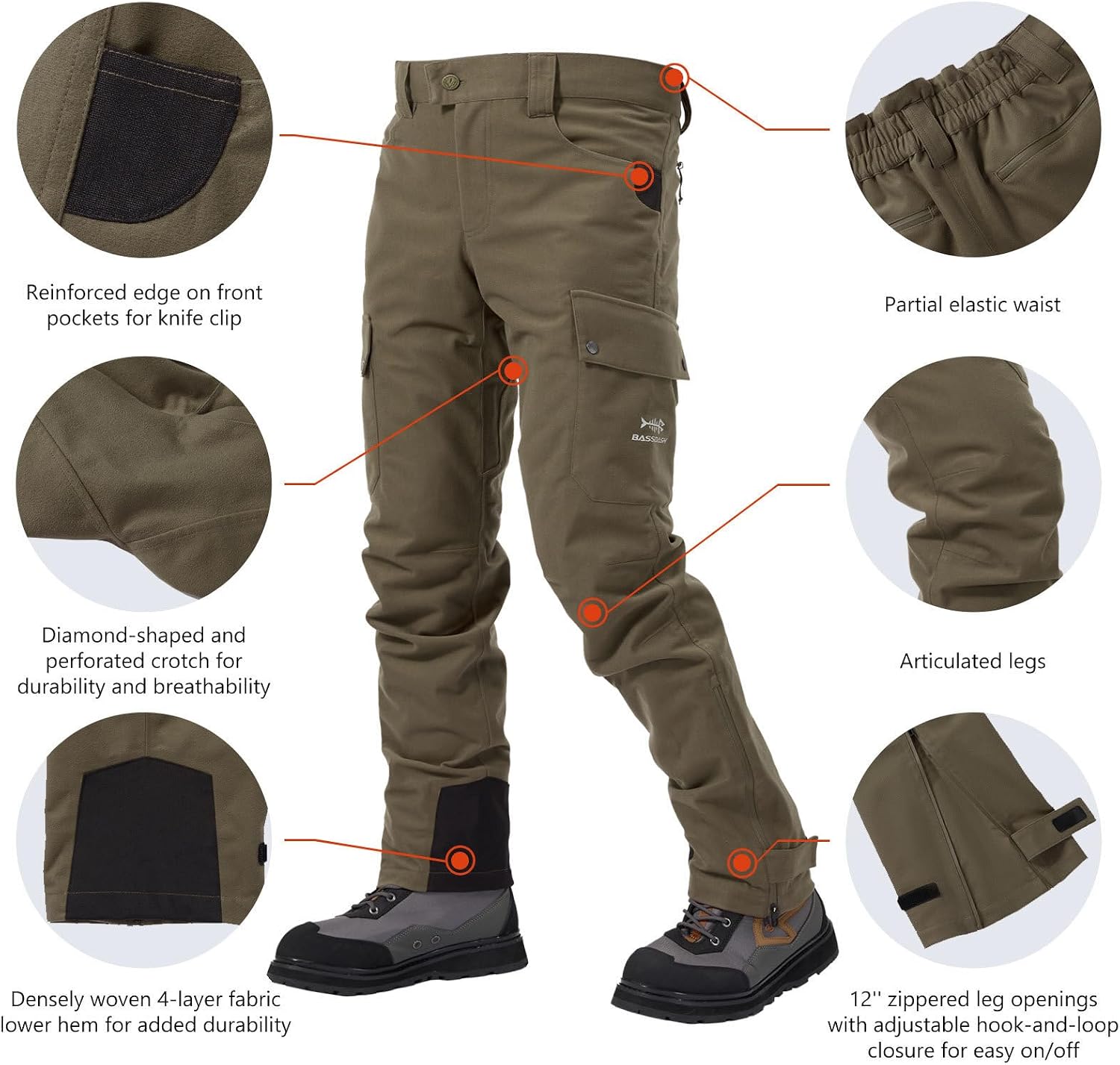 BASSDASH Walker-Lw Men’s Waterproof Breathable Hunting Pants with Silent Outer Fabric for Fishing Turkey Upland