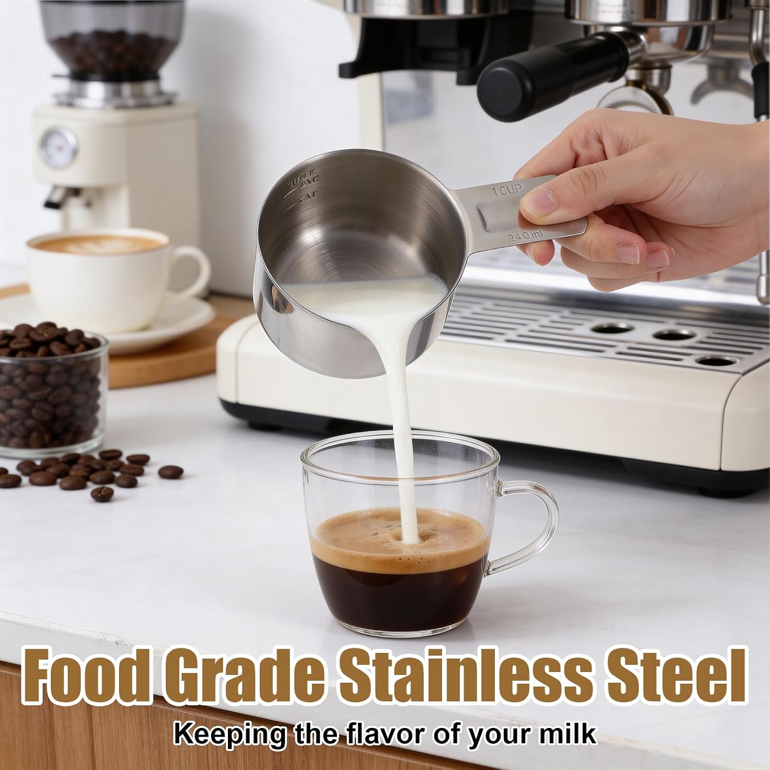 Stainless Steel Measuring Cup 1 Cup 240ml 8oz Single Measuring Scoop for Coffee Rice Dog Food Wet and Dry Ingredients Easy-Pour Spouts Dishwasher Safe Kitchen Essential