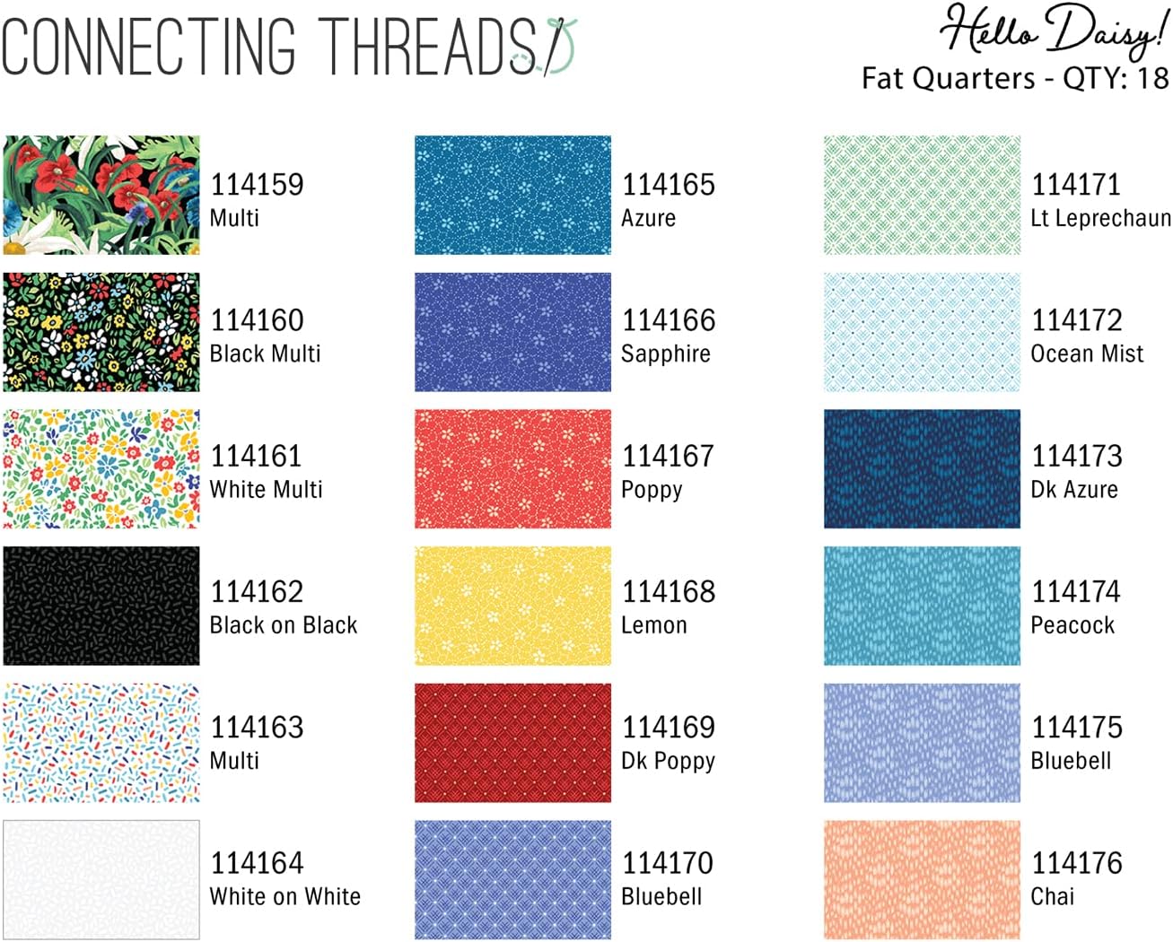 Connecting Threads Print Collection Precut 18 pcs 18"x22" 100% Cotton Quilting Fabric Bundle Fat Quarter (Hello Daisy)