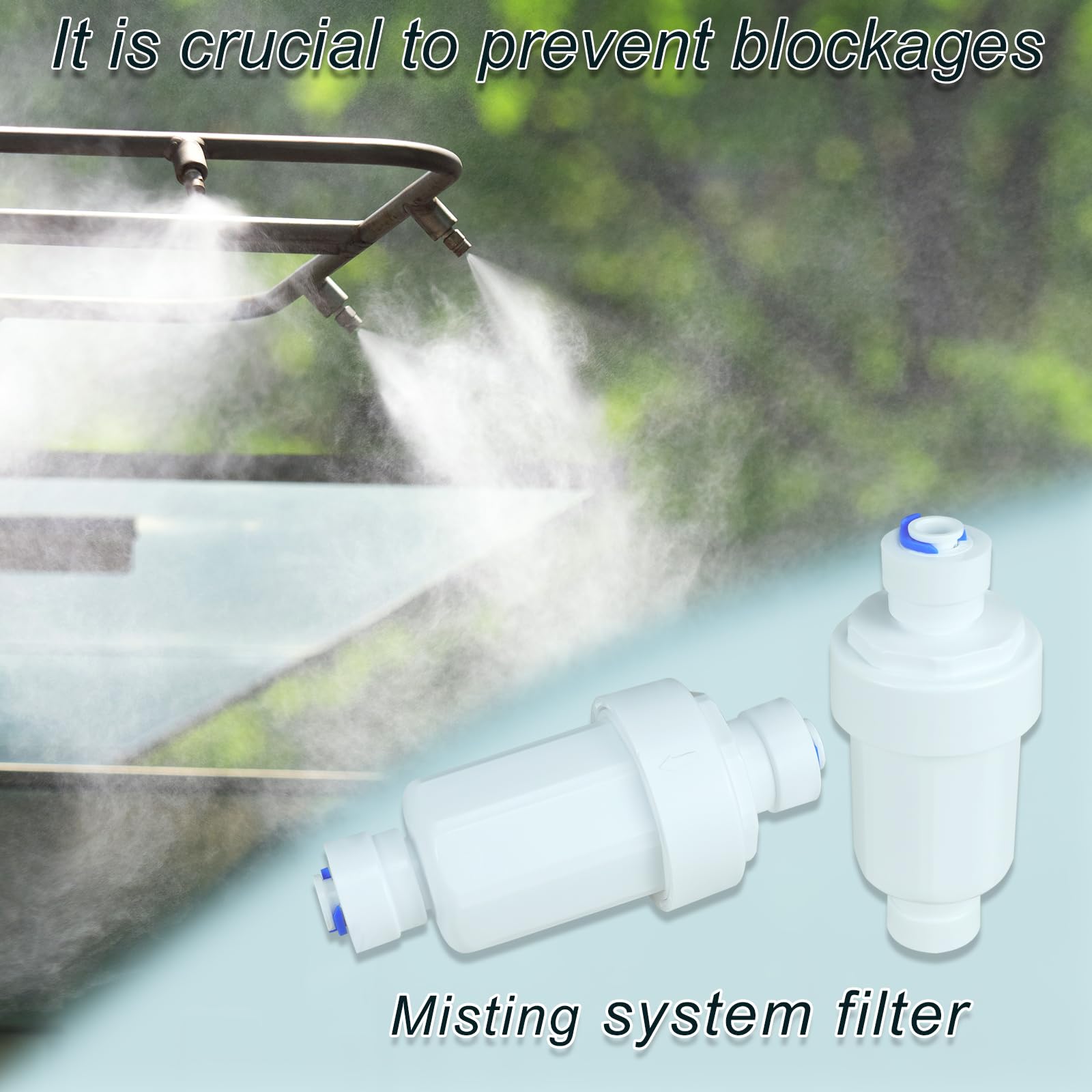 Sistema de nebulización para exteriores, filtro de agua, 2 piezas, filtro inhibidor de calcio para manguera de jardín de 1/4, filtro de agua dura, protector de sistema de nebulización de malla 100