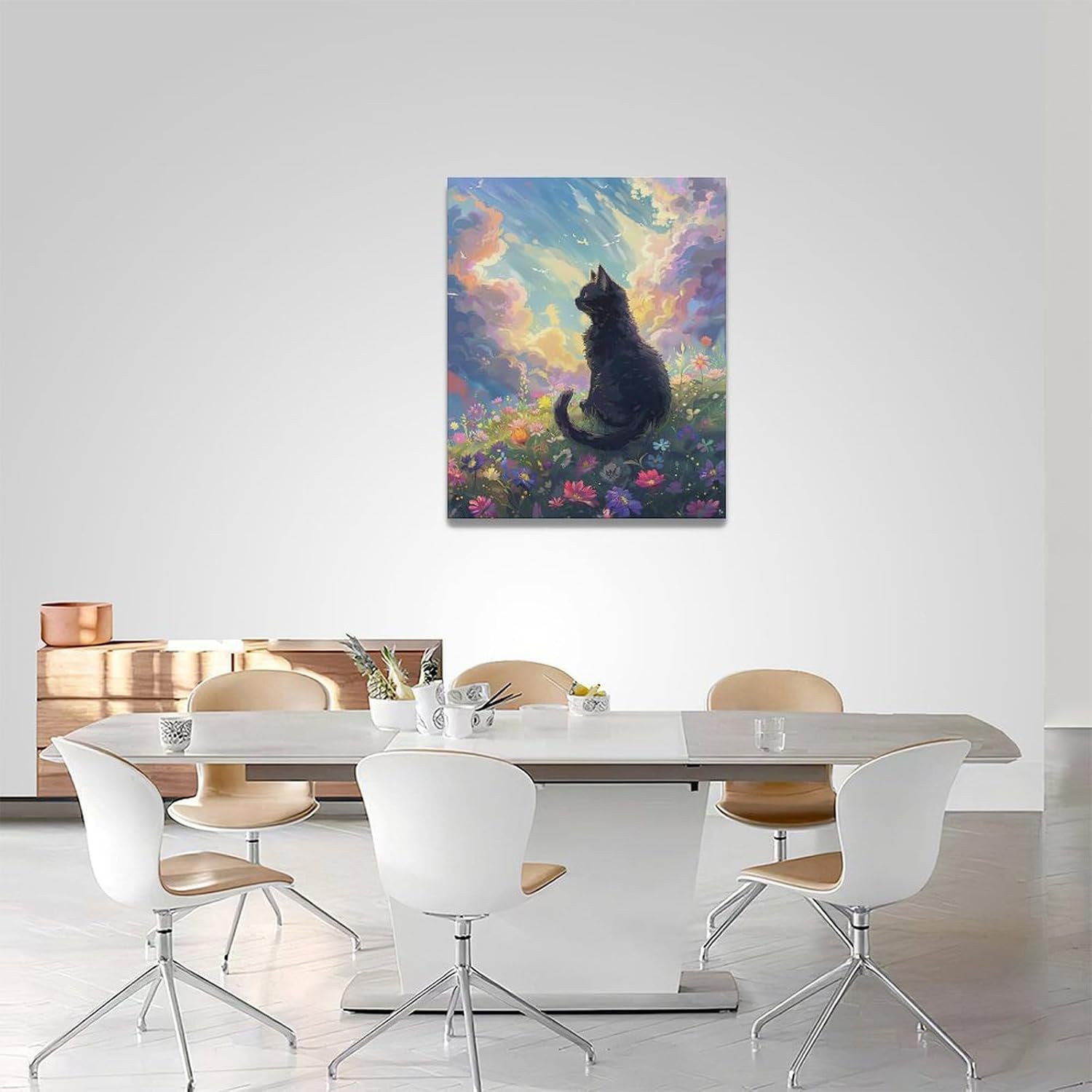 Black Cat Bathroom Decor Wall Art Cute Anime Cat Pictures Canvas Wall Art Wildflower Landscape Print Painting Artwork Nature Decorations for Bathroom Bedroom Living Room Office Framed 16"x20"