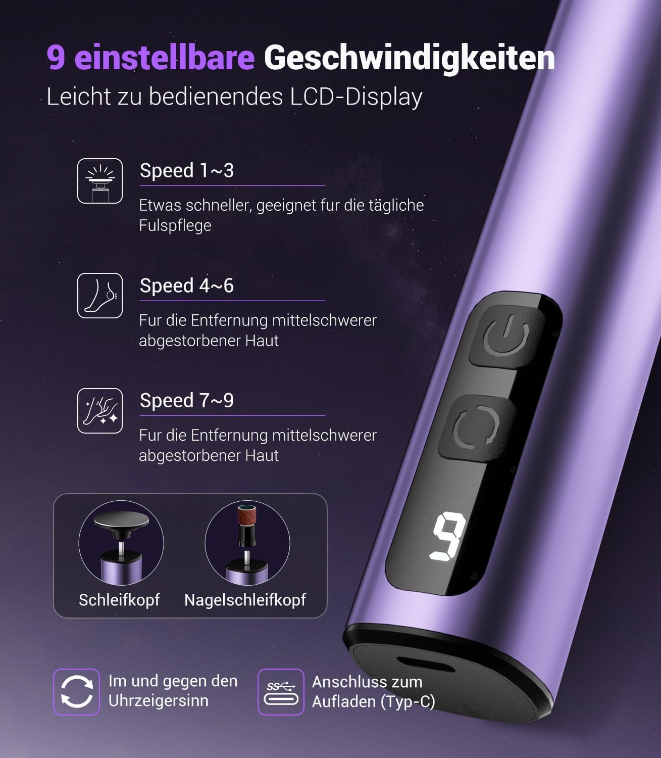 Hornhautentferner elektrisch【Peeling NO.1 – 0 Handschwielen,0 Harte Haut,0 Risse】Hornhaut entfernen Fuß【99.92% Entfernung in 3 Min – 9 Stufen】Wiederaufladbar mit Type-C (Violett)