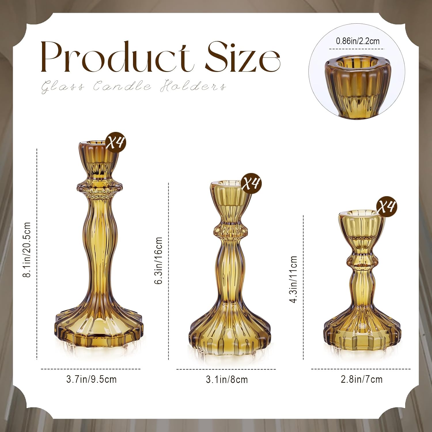 Mumufy 12 Pcs Taper Candle Holders Glass Candlestick Holder Fit 0.8 Inch Candles 4'' 6'' 8'' Tall Crystal Decorative Candlestick Stand Centerpiece for Wedding Proposal Decoration (Amber)
