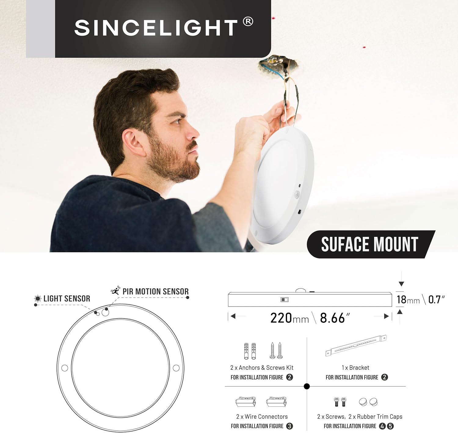 SINCELIGHT PIR Motion Sensor 18W LED Ceiling Light (Φ9''/220mm), Automatically ON/Off, Movement Activated, Dual Mode Turnable, Warm White 2700K, Surface/Flush Mount for Hallway,Porch, Pack of 1