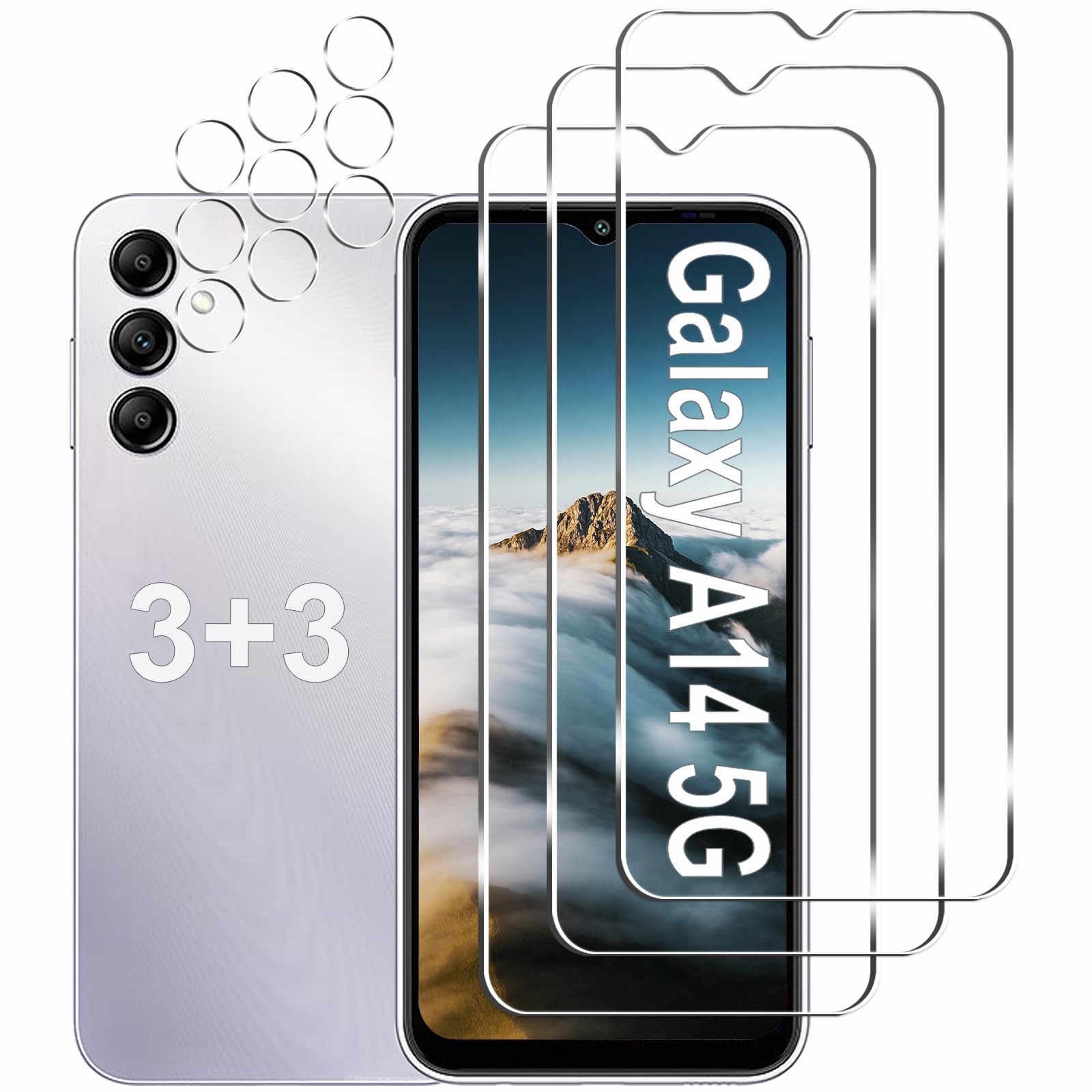 [3+3] Protector de pantalla para Samsung Galaxy A14 5G, 3 unidades de vidrio templado y 3 protectores de lente de cámara, dureza 9H, transparente HD, compatible con fundas