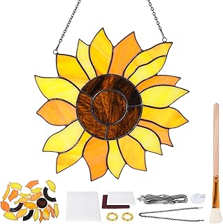 Sunflower 8in×8in Pre Cut Stained Glass Kit DIY Craft for Adult Beginners Orange Sunflower