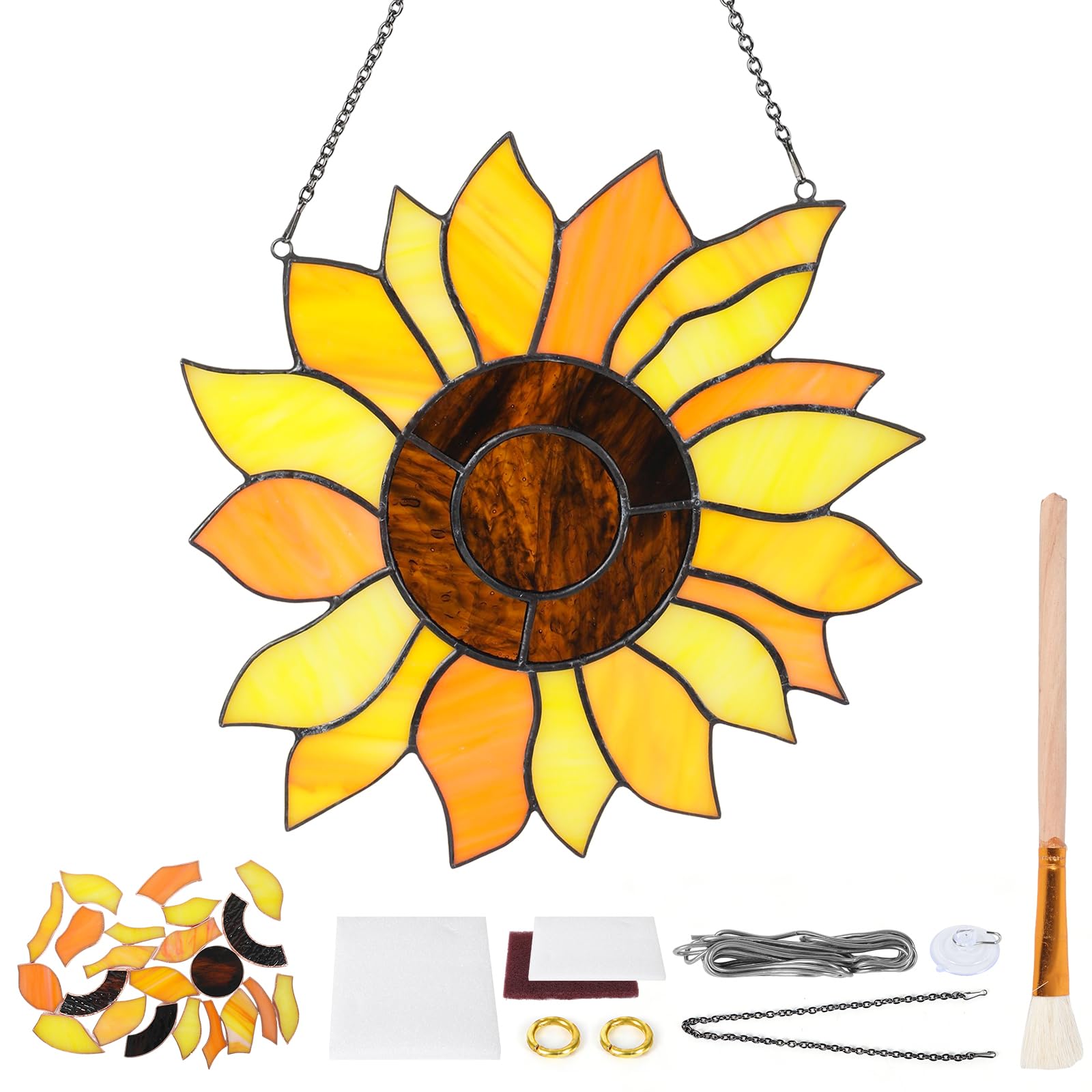 Ayrirel Sunflower Pre Cut Stained Glass Kit 8in×8in DIY Craft for Adult Beginners Orange Sunflower Suncatcher Window Hanging with Chain Suction Cup Hook Wall Art Decor for Teacher Mom Grandma Friend