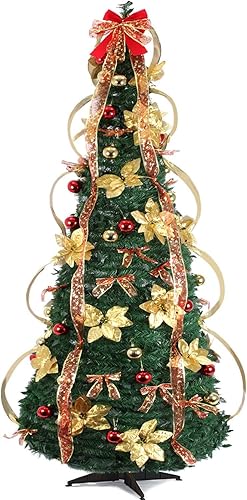 Árbol de Navidad desplegable de 7 pies plegable totalmente decorado con bola de Navidad roja dorada fácil de montar para el hogar al aire libre