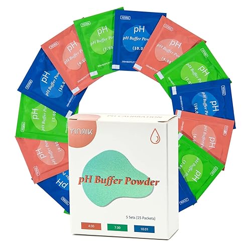 YINMIK Paquete de 15 polvos de calibración de pH, 5 cada uno para pH 4.00, pH 7.00 y pH 10.01 polvo tampón de calibración, paquetes de calibración