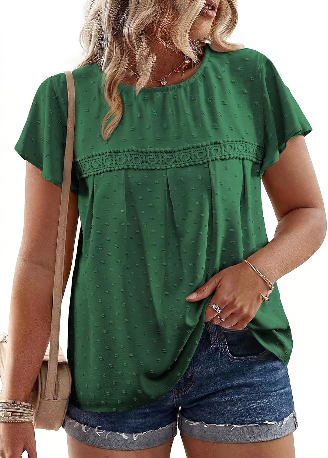 Eytino Plus Size Tops for Women Crewneck Lace Crochet Pom Pom Blouses Summer Short Sleeve Casual Business Shirts (1X-5X)