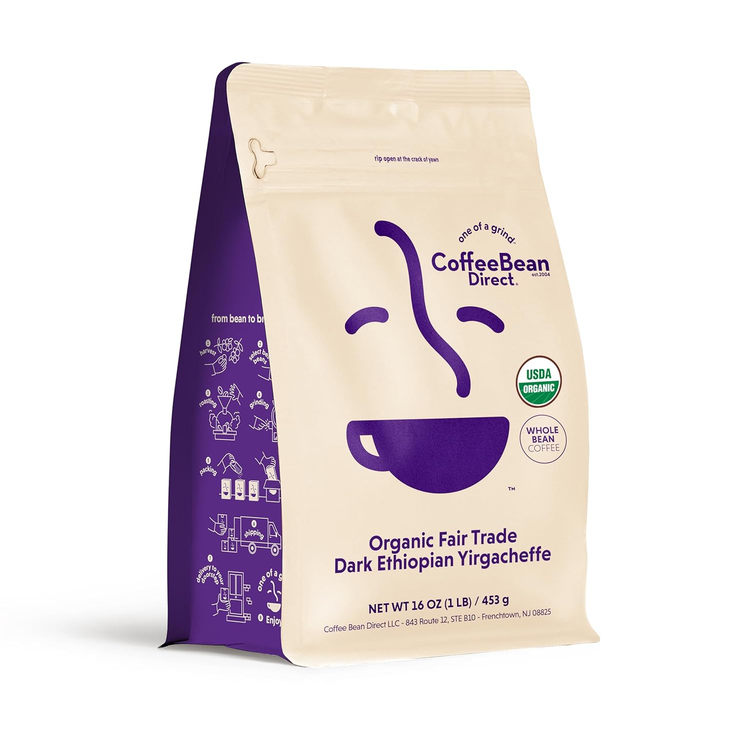 Coffee Bean Direct Organic Fair Trade Dark Ethiopian Yirgacheffe, Whole Bean Coffee, Arabica Coffee Dark Roast, 1 Pound Bag (Pack of 1)