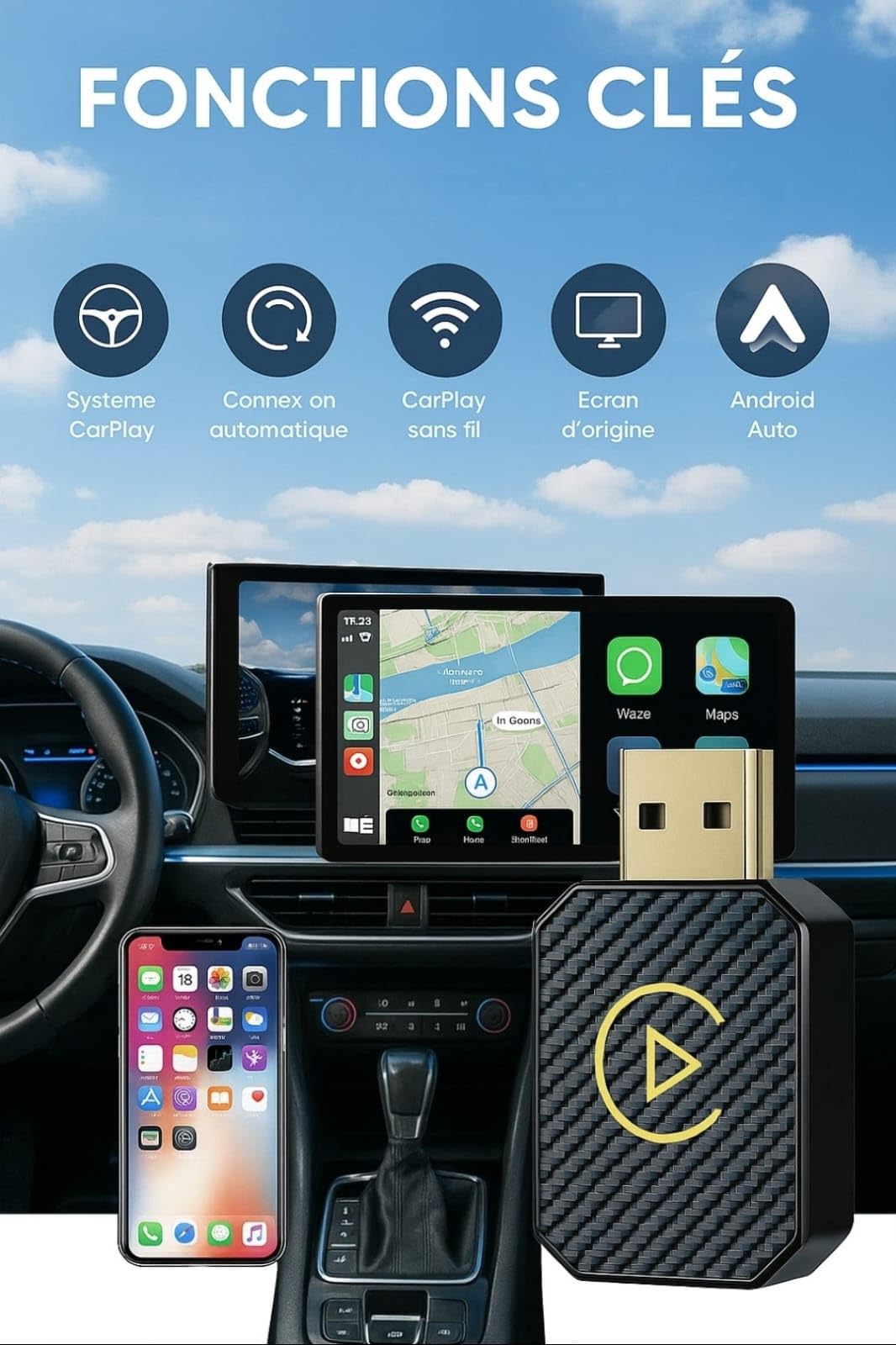Générique Adaptateur sans Fil Compatible Carplay & Android Auto USB-A & USB-C - Connexion Automatique