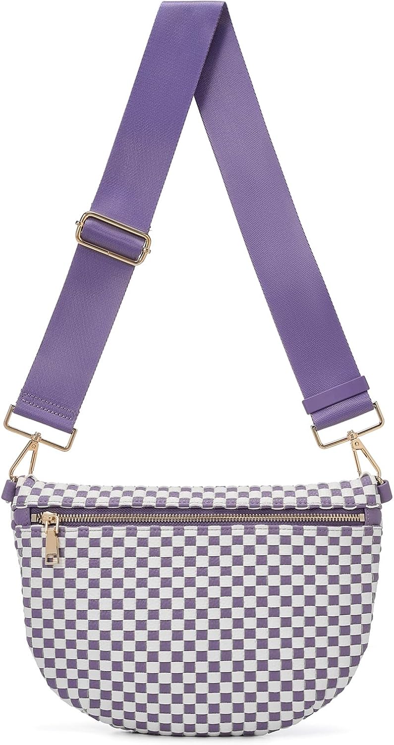 Woven Crossbody Bags For Women, Checkered Fashion PU Bum Bag Waist Pack, Travel Sling Purse with Adjustable Strap（Cloudy Purple)