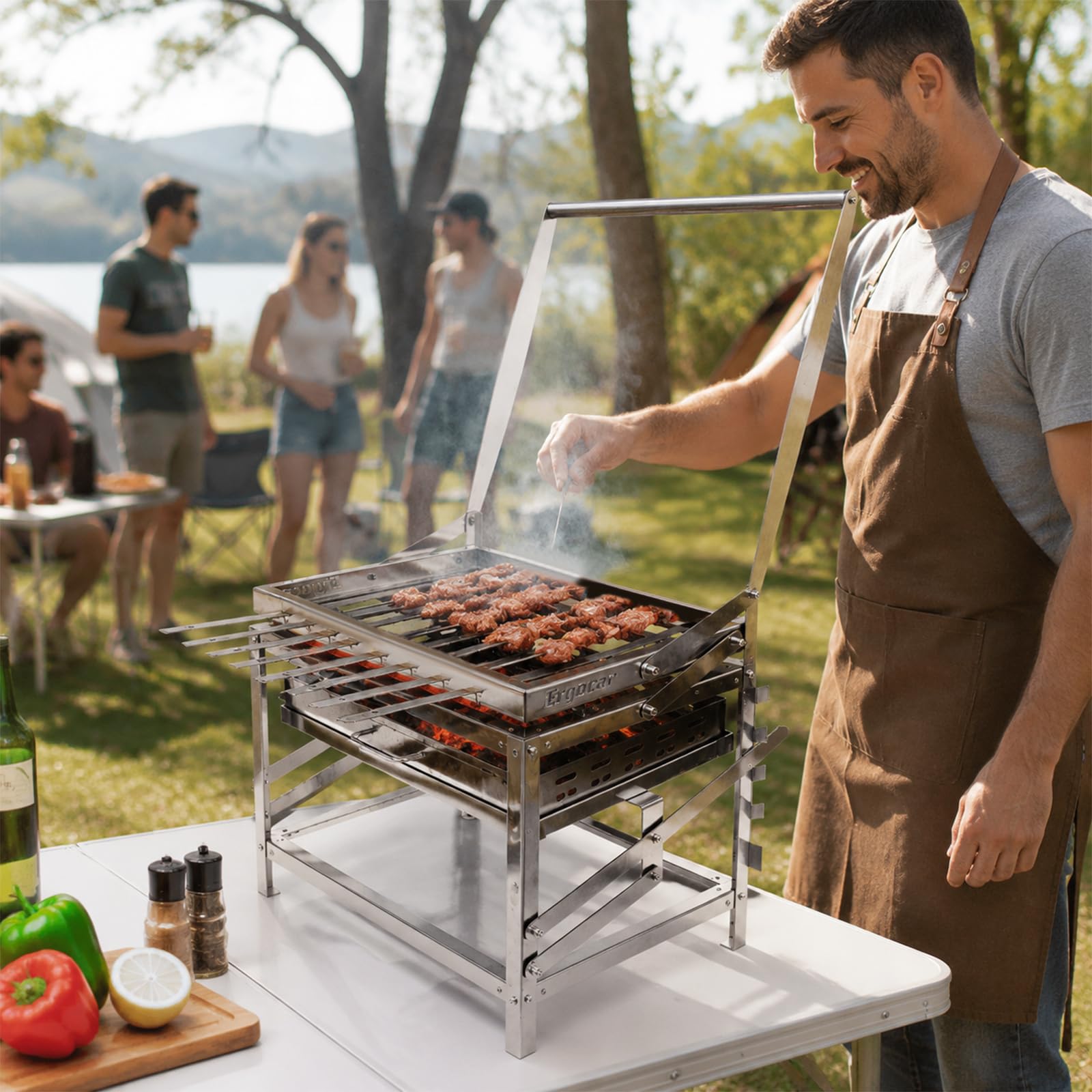 Ergocar Zewnętrzny grill węglowy ze stali nierdzewnej z przenośnym, obrotowym i regulacją wysokości, z 4 poziomami tacek na węgiel drzewny, odpowiedni dla wielu osób, idealny do