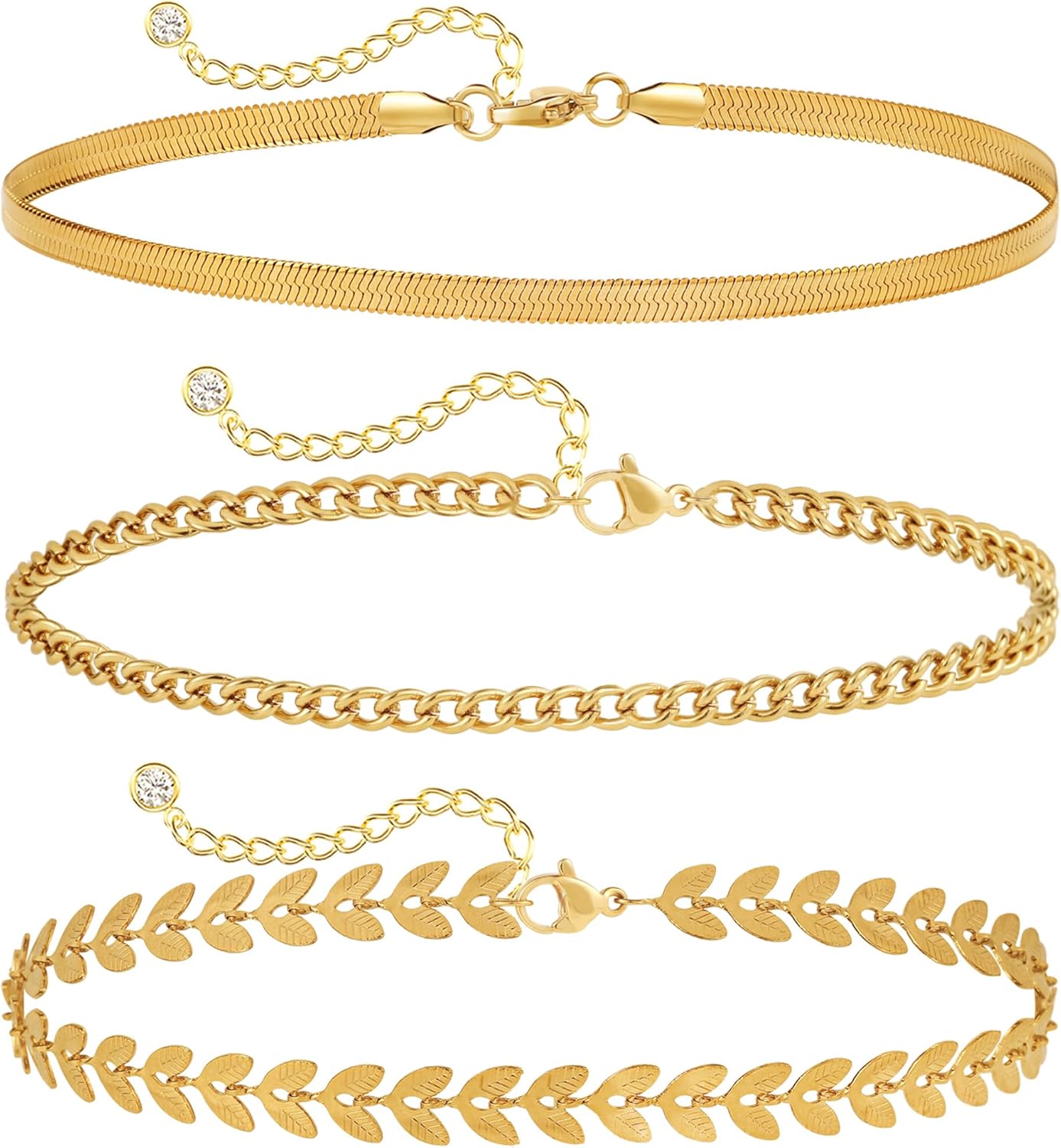 MIDEEO Gold/Silver Ankle Bracelets for Women,14K Gold Anklets for Women Waterproof Cuban Link Heart Beads Herringbone Rhinestone Anklets Set Layered Anklet Bracelets for Women Gold Jewelry Gift