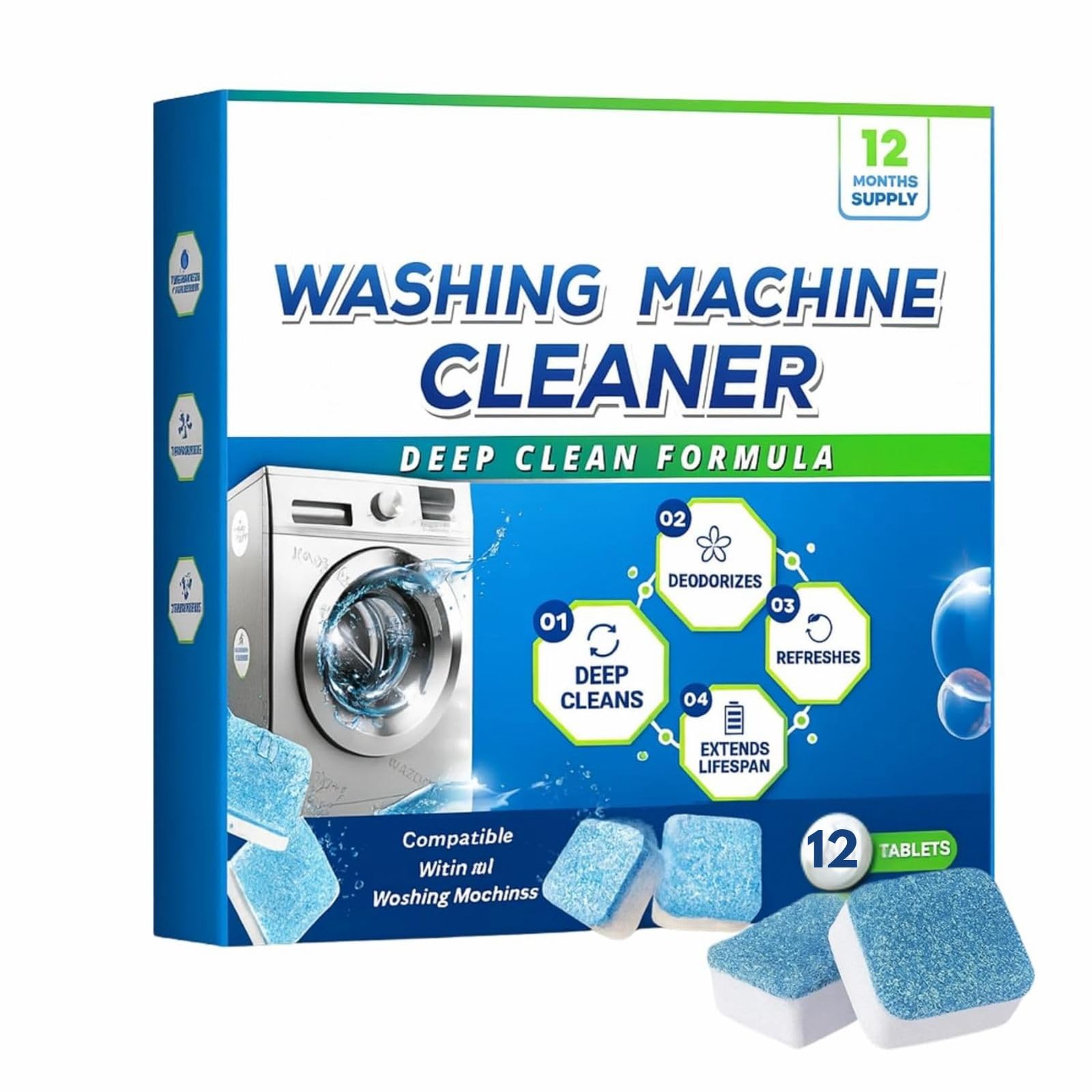 XIQARN Washing Machine Cleaner & Descaler Tablets | 12 Tablets | Better Than Powder | Removes Tough Grime, Limescale & Soap Scum | Used for Top Load & Front Load | Protects Clothes from Residue