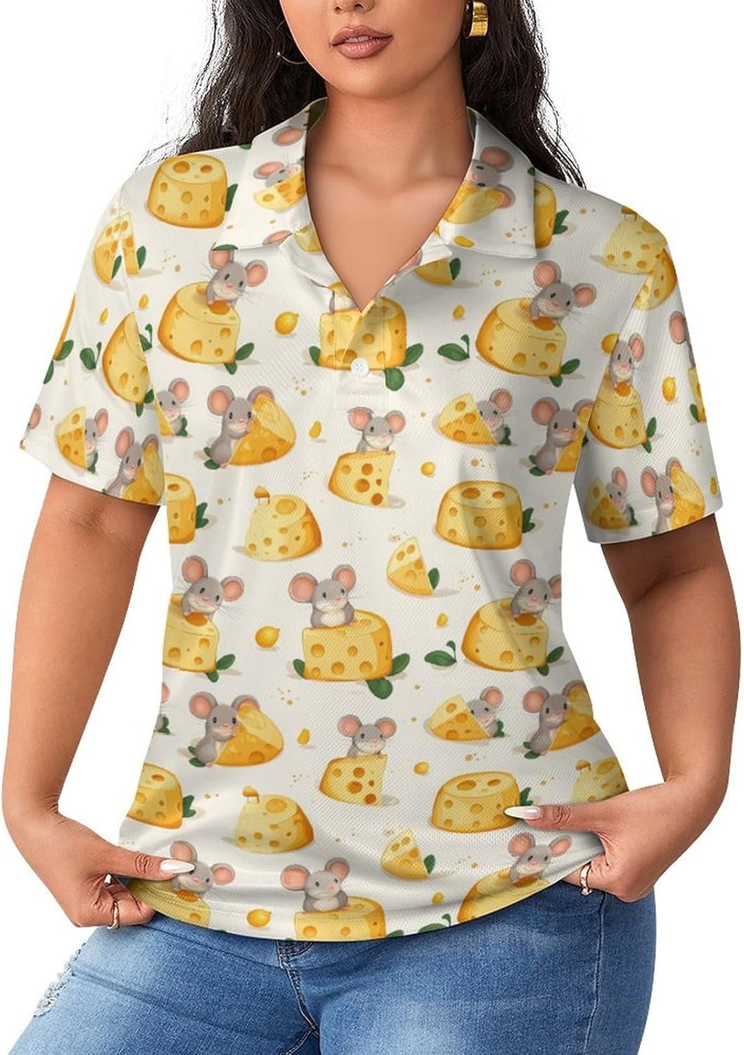 Cheese and Cute Rat Women's Golf Polo Shirts Short Sleeve Quick Dry Tennis Tops Casual Work Blouses