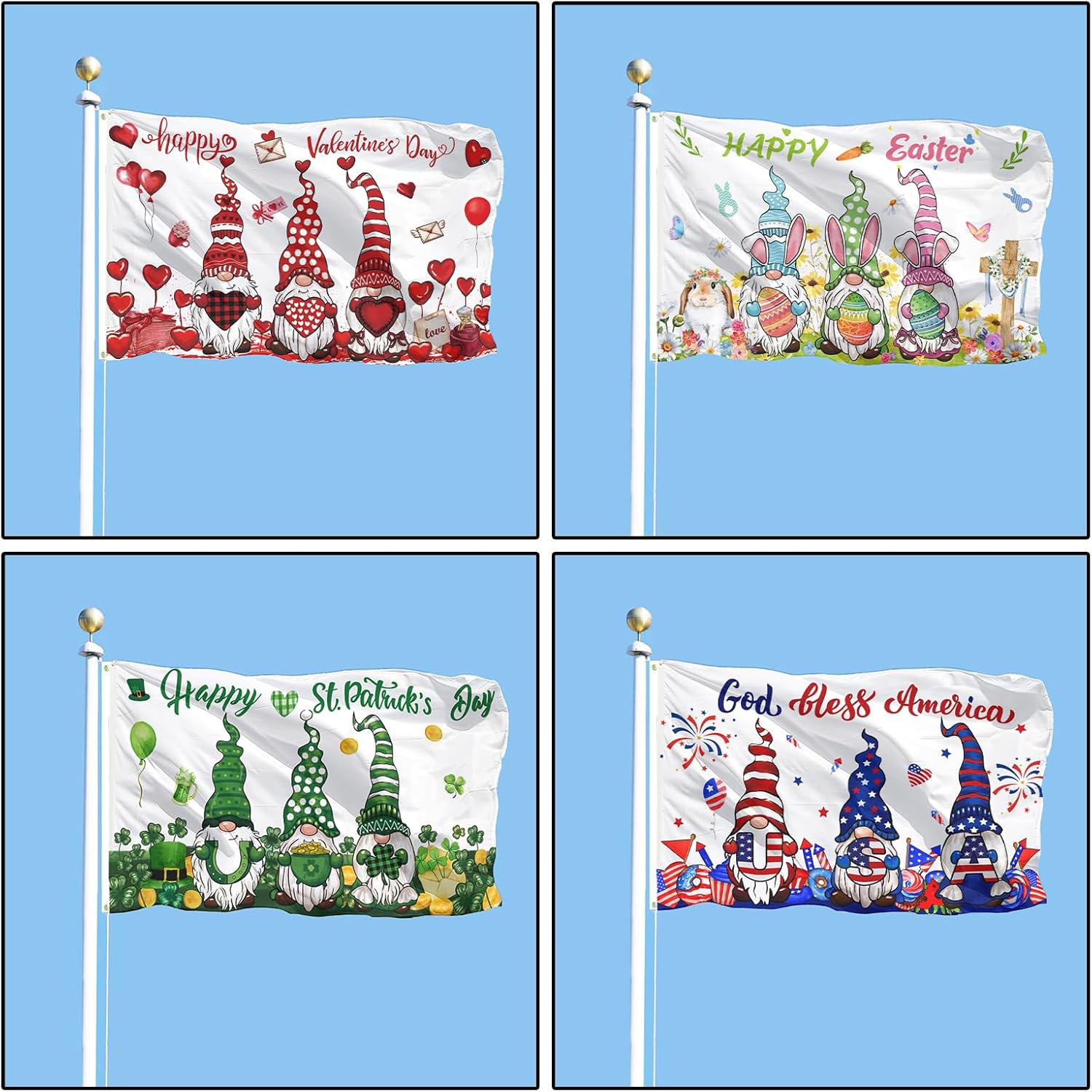 SENSEVEN Gnome Holiday Flags Set, America Double Sided 3x5 Ft, Garden Flags for All Seasons and Holidays, Large Outdoor Banner for Winter Christmas Easter Farmhouse Decor