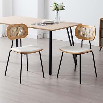 chairus Sillas de Comedor Madera Juego 2 de Sillas Cocina con Respaldo Ratán, Sillas de Salón Modernos con Patas de Metal Sillas Restaurante de PU Cuero para Hogar/Cafetería, Blanco