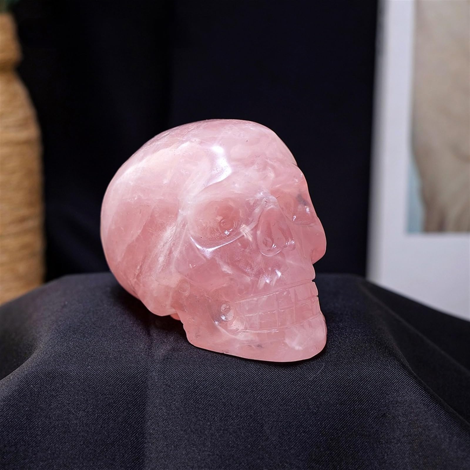 RVBLRDSE Stone Rose Quartz Crystal Skull Carved Gem Figurine Craft Halloween Decoration Gift Gemstone Stone