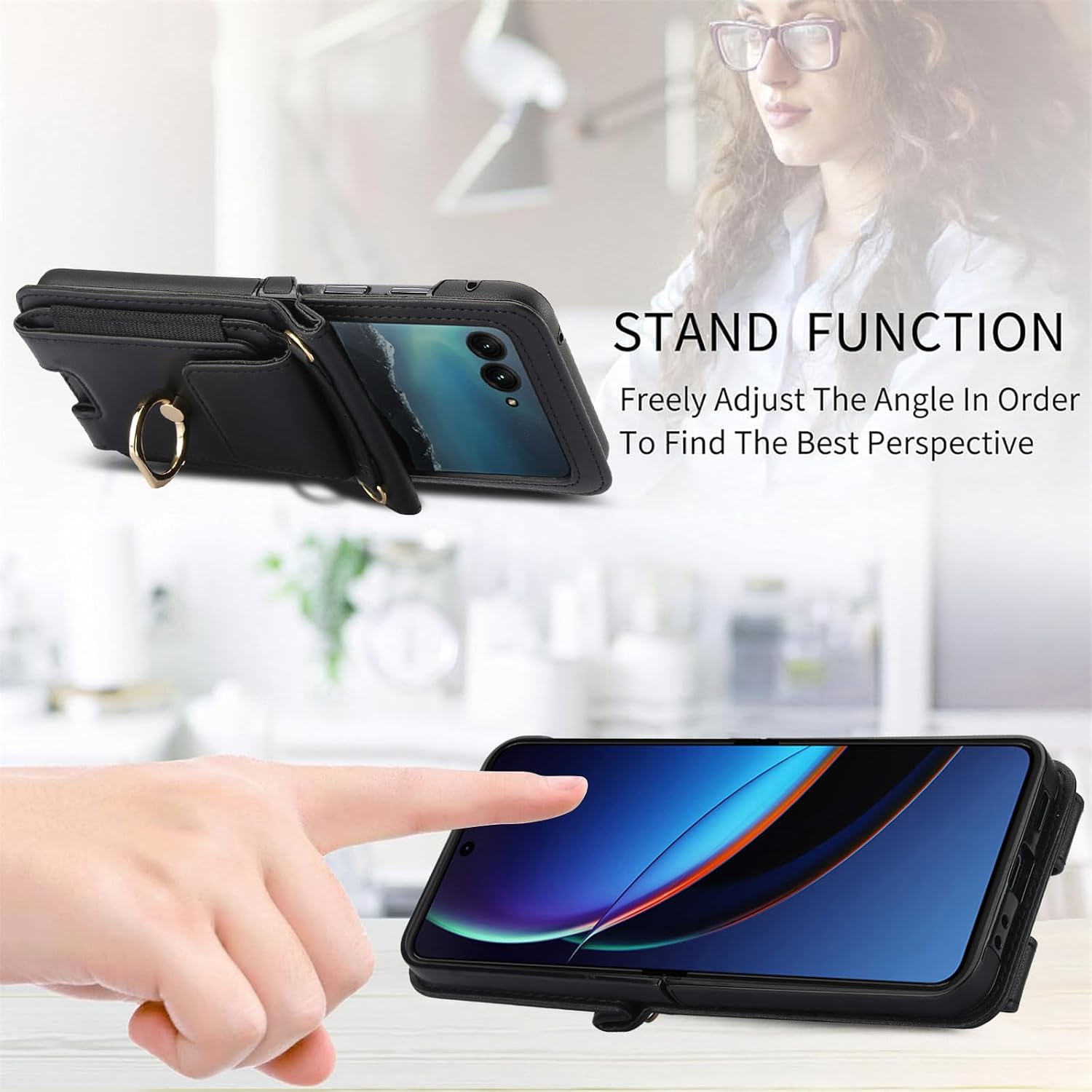 Asuwish Phone Case for Moto Razr 50/Moto Razr 2024 Wallet Cover with Ring and Crossbody Wrist Strap Lanyard Credit Card Holder Slot Stand Cell Leather Purse INE-LX1 Razor Razer Women Men Girls Black