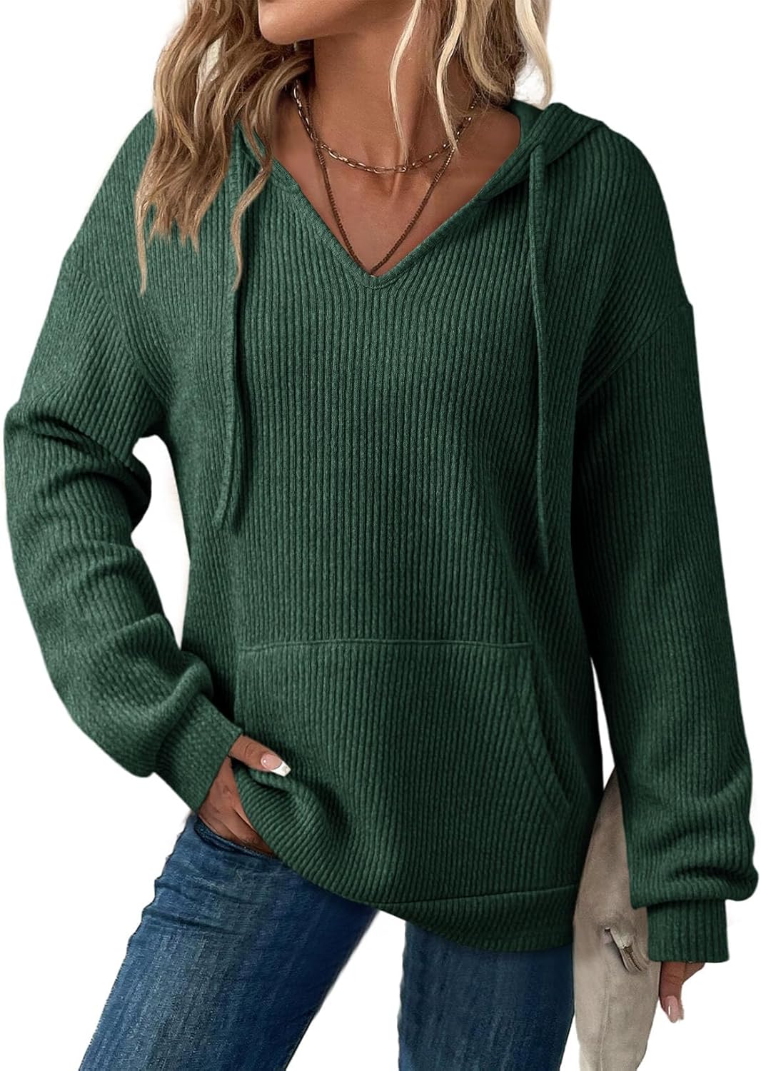 Dokotoo Womens Hoodies Oversized Sweatshirts Ribbed Knit Long Sleeve Drawstring V Neck Casual Pullover Sweatshirt Hooded Tops