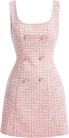 Floerns Womens Plaid Tweed Sleeveless Square Neck Elegant Work Mini Dress