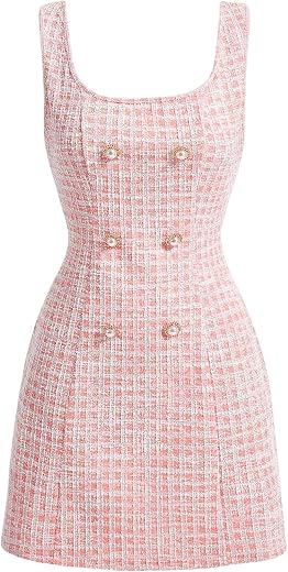 Floerns Women's Plaid Tweed Dress Sleeveless Square Neck Elegant Work Mini Dress