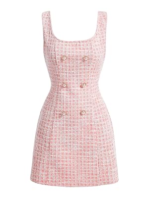 Floerns Womens Plaid Tweed Dress Sleeveless Square Neck Elegant Work Mini Dress