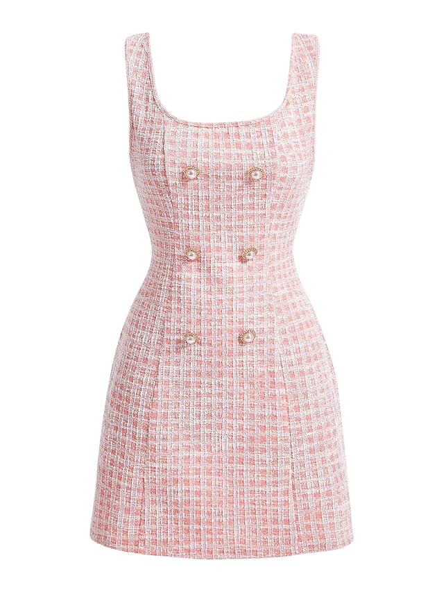 Floerns Womens Plaid Tweed Dress Sleeveless Square Neck Elegant Work Mini Dress