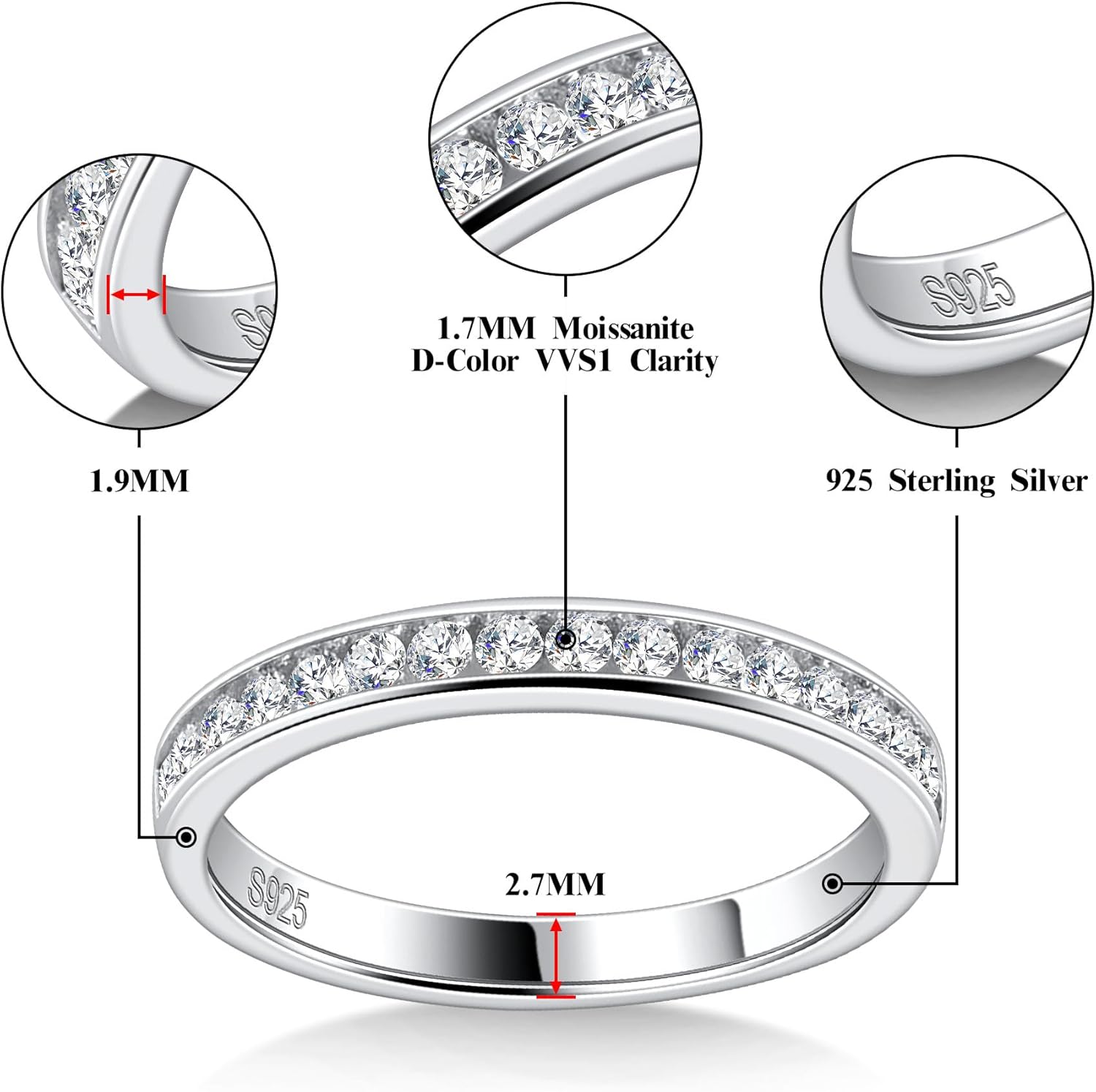 Moissanite Half Eternity Ring for Women 925 Sterling Silver Moissanite Wedding Band D Color VVS1 Round Cut Channel Set Anniversary Band Stackable Ring - Image 2