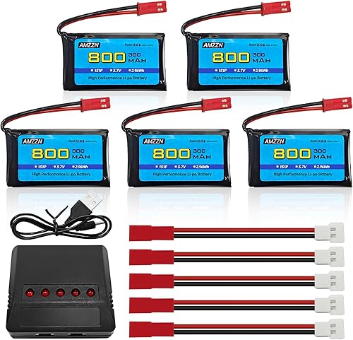 5 baterías Lipo de 3.7 V 800 mAh 30C con cargador 5 en 1 enchufe JST para SYMA X56W MJX X400W X300C X800 HS110 HS200 S670 V950hd S1750 V2450 RC